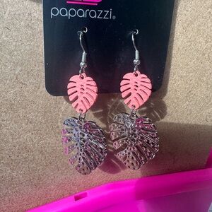 Pink/ coral and Silver Leaf Earrings drop dangle